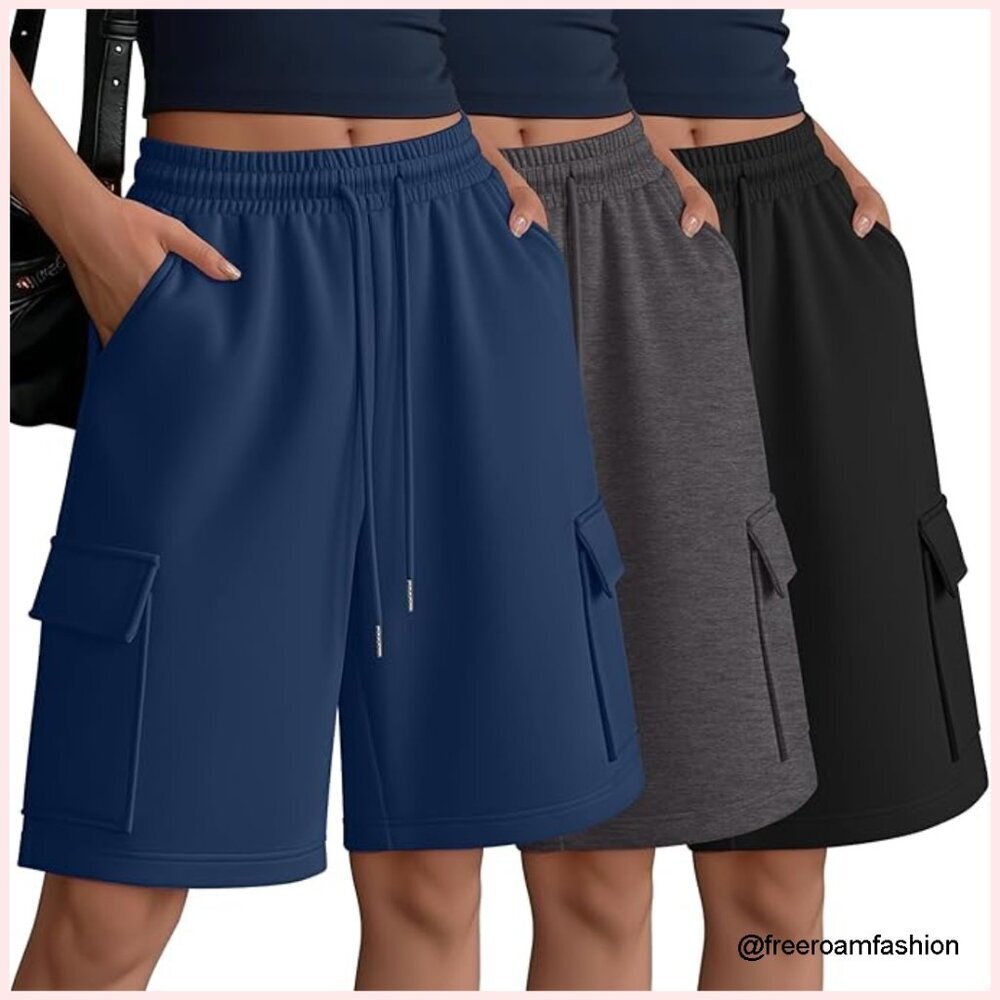 3 Pack Cargo Bermuda Shorts with Drawstring, Oversized Fit for Lounge & Workout